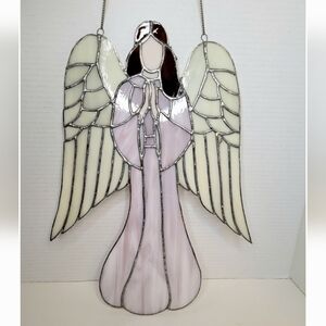 Vintage Extra Large Stained Glass Angel Suncatcher Cream and Purple
